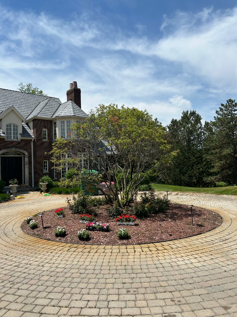 Circular bed during planting before final mulch and edging